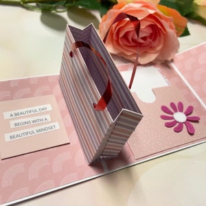 Porta carte regalo pop-up fatto a mano in un biglietto, biglietto con sacchetto regalo, per biglietti regalo, porta soldi, gioielli regalo in un biglietto con sacchetto, con grande nastro rosso