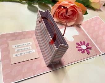 Porte-cartes pop-up fait main dans une carte, carte de sac cadeau, pour carte-cadeau, porte-monnaie, bijoux cadeau dans une carte de sac, avec grand ruban rouge