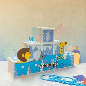 Gepersonaliseerde handgemaakte 3D Double Step-kaart voor baby of jarige, gefeliciteerd, blauw thema