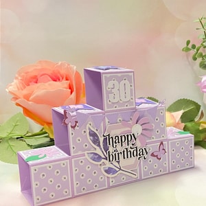 Carte double étape 3D faite main pour anniversaire, Félicitations, tu me manques, fleurs violettes