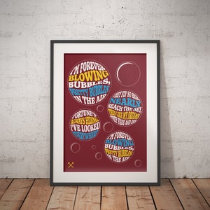 May include: A red background with four white circles containing the text "I'm forever blowing bubbles, pretty bubbles in the air" and "They fly so high, nearly reach the sky, then like my dreams they fade and die".
