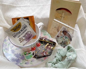 Cottagecore Mystery Box: Upcycled Teacup, Stickers, Jewelry & More
