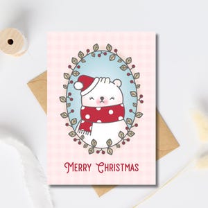 Pink Polar Bear Christmas Card | Cute Holiday Greeting Card | Cozy Christmas Card | Handmade Christmas Card | Festive Holiday Greeting Card