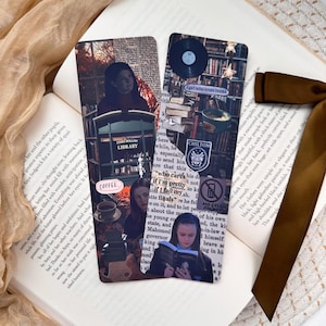 May include: Two colorful bookmarks with a collage of images, including a woman reading a book, a library, and a coffee cup. The text on the bookmarks reads "A girl who loves books" and "If I fail my finals".