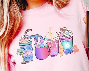 Mermaid Summer Coffee Cups T-shirt, Summer Coffee Cups Tshirt, Mermaid Coffee Shirt, Coffee Lover Gift, Coffee Lover Summer Tee