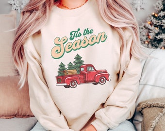 Tis The Season Christmas Truck Sweatshirt, Retro Christmas Sweater, Cute  Christmas Outfit, Women's Christmas Sweaters, Vintage Christmas