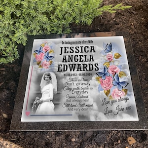 Solid Granite headstone grave marker, 20cm x 20cm x 1.5cm, any design can be printed, Personalised weatherproof print. Full colour printing.
