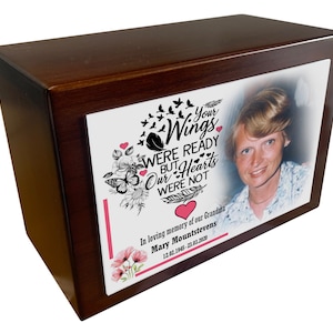 Personalised memorial wooden urn / casket for human or pets cremated ashes, Home or cemetery memorial.