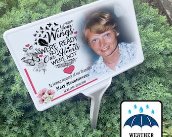 Funeral grave marker, Remembrance photo plaque with ground stake, Temporary headstone, Garden or cemetery memorial. Personalised design.