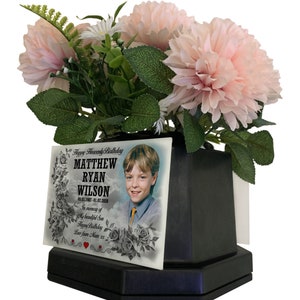 Cemetery Graveside Flower Pot Vase And Personalised Memorial Plaque, Heavenly Birthday Design, Or Any Design Printed.