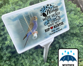 Pet bird / Parrot / Budgie grave marker with stake, Grave ornament, Temporary headstone, Garden memorial, Personalised photo plaque.