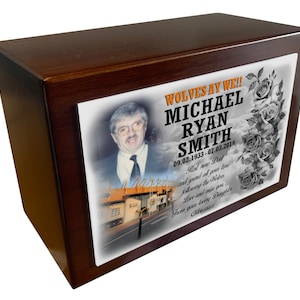 Personalised memorial wooden urn / casket for human or pets cremated ashes, Home or cemetery memorial.
