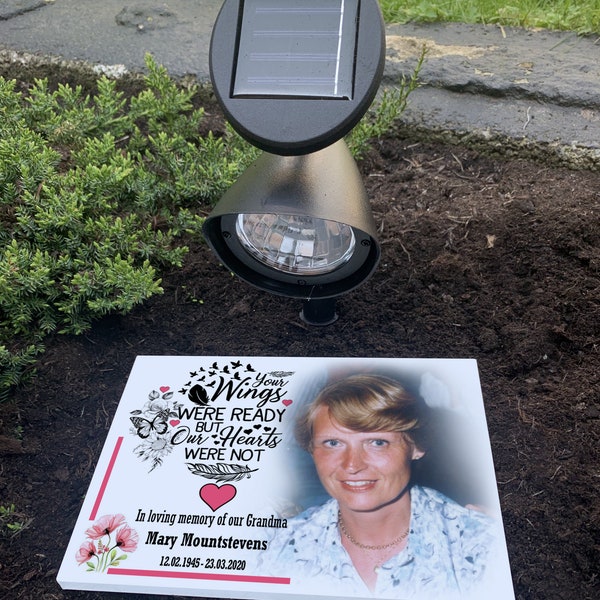 Personalised grave plaque, Cemetery grave marker, Solar light, In loving memory, Weather and fade resistant.