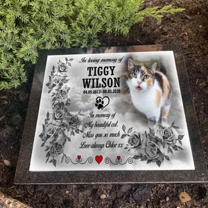 Solid Granite headstone grave marker, 20cm x 20cm x 1.5cm, Pet Cat design, any design can be printed, Personalised weatherproof print.
