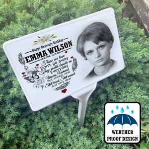 Temporary graveside headstone memorial, Grave marker, Tree marker stake and photo plaque, Remembrance marker for garden or cemetery.