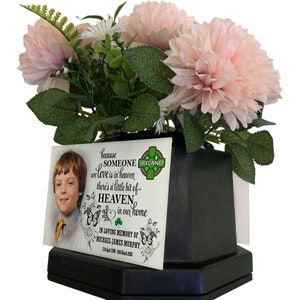 Flower Pot Grave Marker - Black Memorial Flower Vase - Weighted Base - Personalized Photo Plaque - Photo Tribute - Ireland Irish Design.