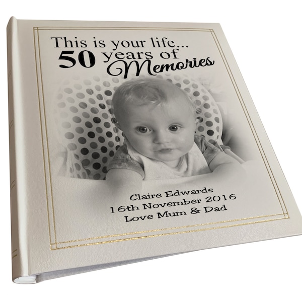 Personalisiertes großes Fotoalbum, 50. Geburtstag oder jedes Design kann gedruckt werden, Familien Erinnerungsalbum, Ein persönliches Geburtstagsgeschenk.