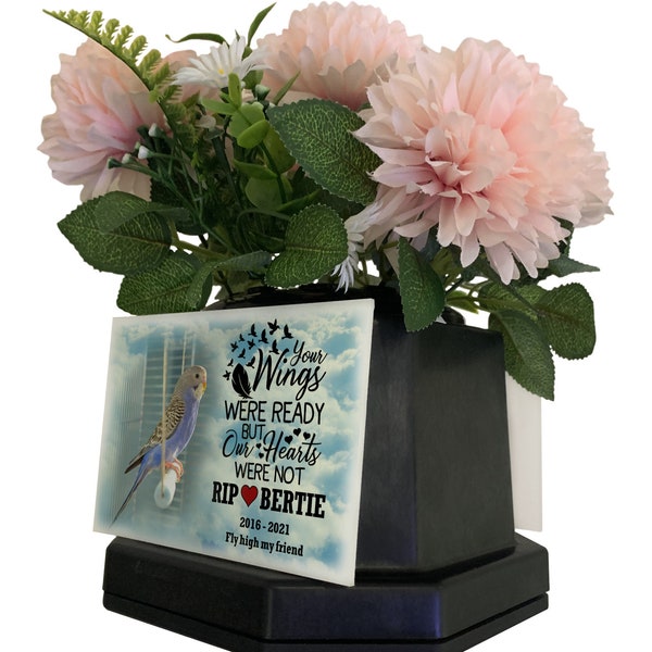 Pot de fleurs personnalisé Pet Bird - Vase funéraire noir - Petite pierre tombale Marqueur funéraire - Plaque photo personnalisée - Utilisation dans un jardin ou un cimetière pour animaux de compagnie.
