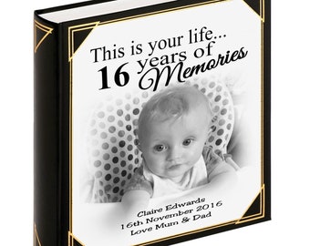 Large black photo album memory book, Personalised 16th birthday design, any design printed upto 4 photos and any writing.