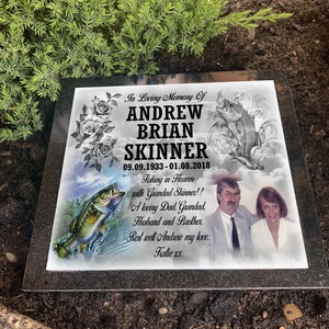 Fishing sport design, Solid Granite headstone grave marker, 20cm x 20cm x 1.5cm, any design printed, Personalised weatherproof print