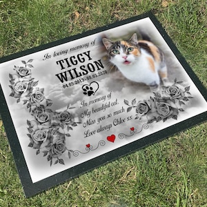 Solid Granite headstone grave marker, 40cm x 30cm x 1.5cm, Pet Cat design, any design can be printed, Personalised weatherproof print.