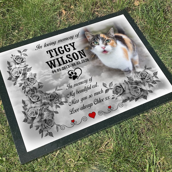 Solid Granite headstone grave marker, 40cm x 30cm x 1.5cm, Pet Cat design, any design can be printed, Personalised weatherproof print.