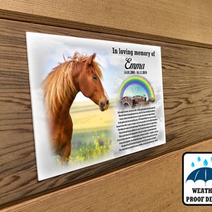 Personalisierter Pferdegrabmarkierer, Banktafel, Wandtafel, Erinnerungsgeschenk, Garten Erinnerungsfotoschild, Wetterbild.