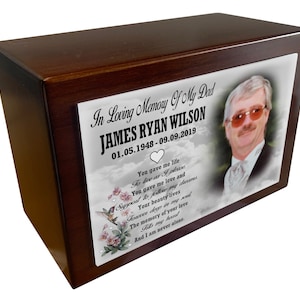 Personalised teak stained urn for cremation ashes, Full size & half size urn, Pet or human photo memorial urn.