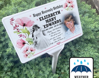 Grave marker, Cemetery ground stake with personalized photo plaque, Temporary funeral headstone, Happy Heavenly birthday design.