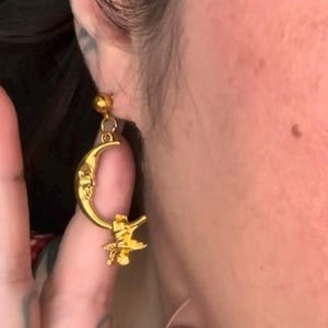 gold crescent moon earrings with angels - mismatched cherub celestial jewelry - romantic art jewelry image 1
