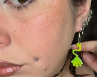 neon green sticky hand earrings – y2k nostalgic acrylic dangles – rave statement jewelry
