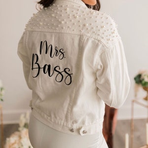 FLASH SALE Embroidered Bride Jean Jacket, Pearl Denim Jacket, Mrs Jean Jacket, Personalized Jean Jacket, Bridal Shower Gift