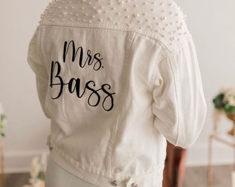 FLASH SALE Embroidered Bride Jean Jacket, Pearl Denim Jacket, Mrs Jean Jacket, Personalized Jean Jacket, Bridal Shower Gift