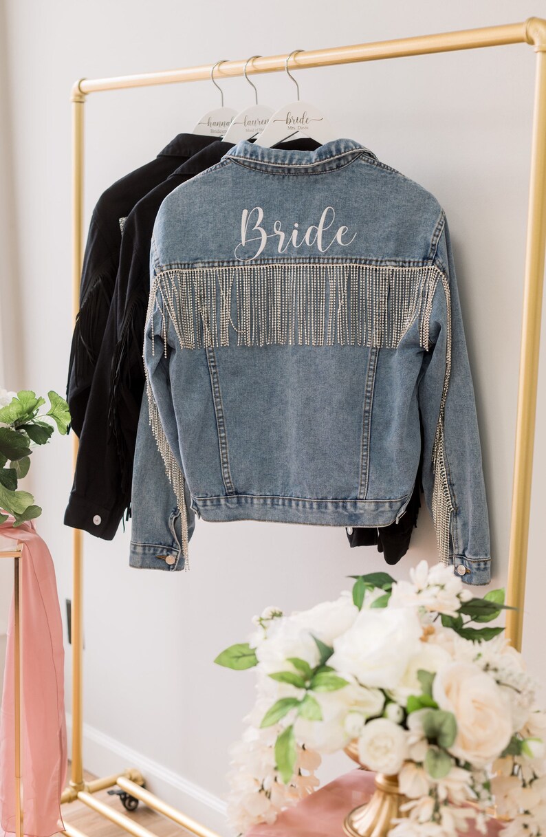 FLASH SALE Embroidered Fringe Jacket, Bride Jean Jacket, Pearl Denim Jacket, Mrs Jean Jacket, Personalized Jean Jacket, Bridal Shower Gift image 3