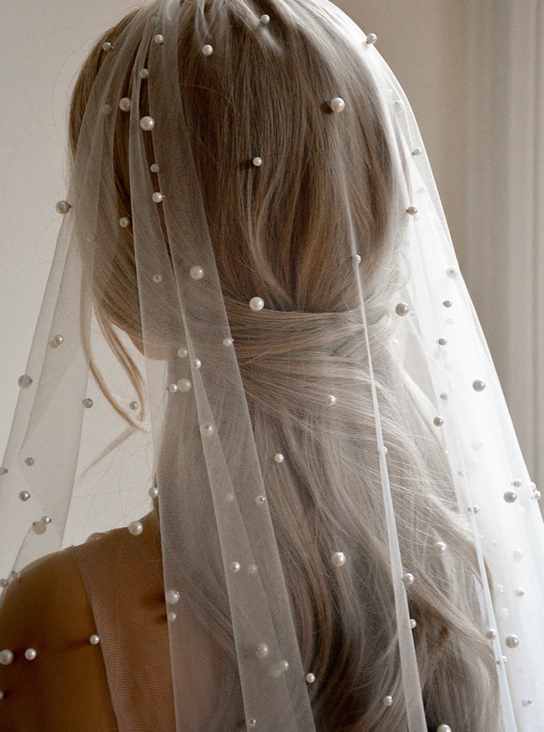 Pearl Wedding Veil, Wedding Veil, Cathedral Veil, Long Veil, Bride Veil, Pearls, Handmade Wedding Veil, Short Veil zdjęcie 4