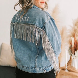 FLASH SALE Embroidered Fringe Jacket, Bride Jean Jacket, Pearl Denim Jacket, Mrs Jean Jacket, Personalized Jean Jacket, Bridal Shower Gift image 1