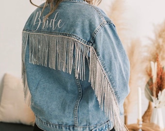 FLASH SALE Embroidered Fringe Jacket, Bride Jean Jacket, Pearl Denim Jacket, Mrs Jean Jacket, Personalized Jean Jacket, Bridal Shower Gift