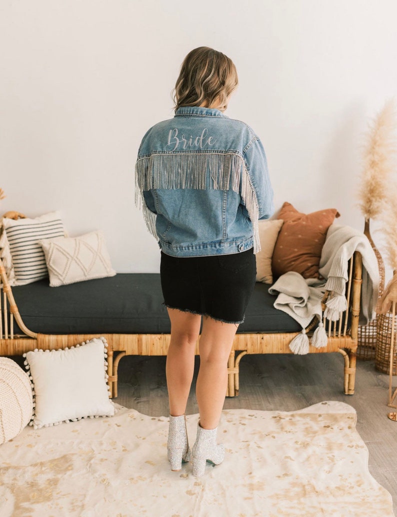 FLASH SALE Embroidered Fringe Jacket, Bride Jean Jacket, Pearl Denim Jacket, Mrs Jean Jacket, Personalized Jean Jacket, Bridal Shower Gift image 2