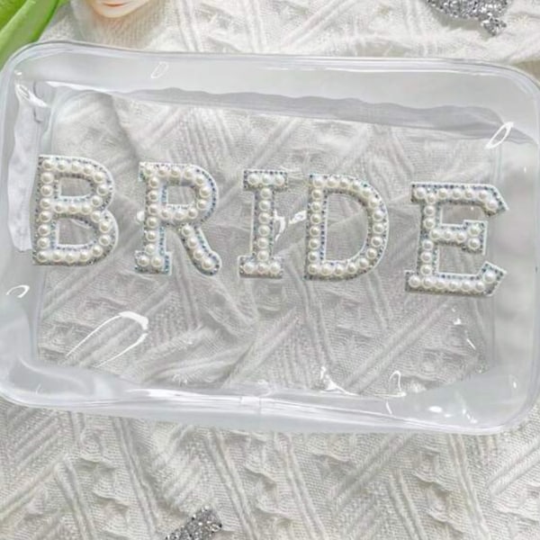 Borsa per la sposa, Borsa per il trucco della sposa, Regalo per la sposa, Lettere di perle, Borsa trasparente, Borsa per il trucco trasparente