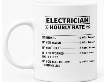 May include: White ceramic mug with a black graphic that reads "ELECTRICIAN HOURLY RATE" and lists different hourly rates for various levels of assistance. The rates are listed in British pounds.