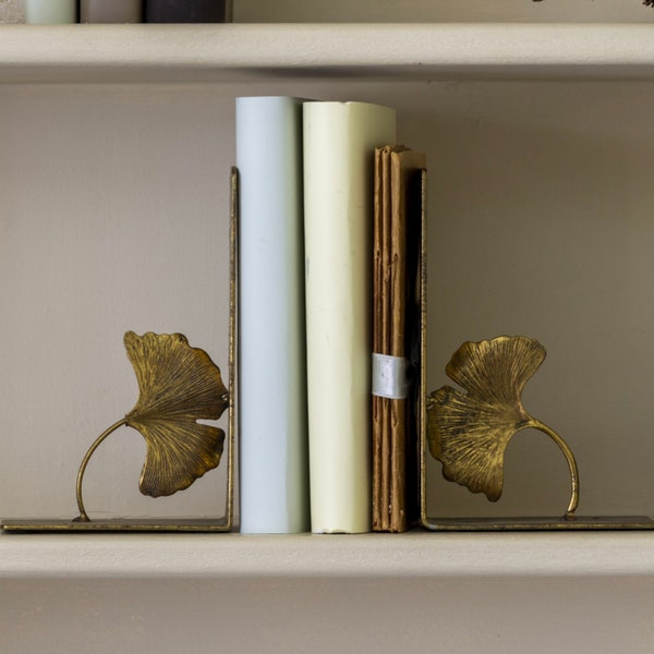 Gold Lotus Leaf Bookends- Golden Leaves Book Dividers -Botanical Room Decor - Library Book Shelf Book End - Antique Gold Japanese Lotus Leaf