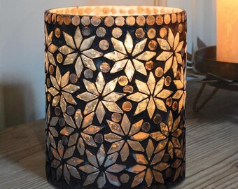 Glass Hurricane Lantern - Tea Light or Pillar Candle Holder - Mosaic Moroccan Star - 12x15cm Rustic Candle Holder - Bronze Florence Med