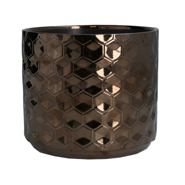 Copper Honeycomb Glazed Ceramic House Plant Pot Cover, Geometric Design, Indoor Succulent Planter - 3 sizes - Gold Bronze Glazed Plant pot