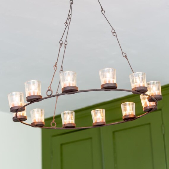 Hanging Tea Light Candle Chandelier Rustic Round Metal Ring Etsy