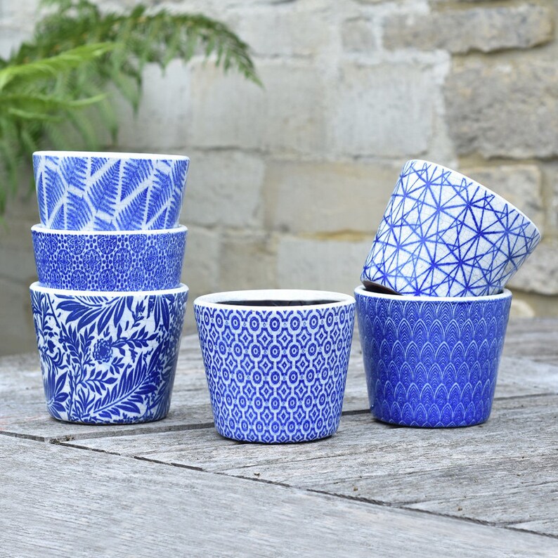 Blue White Dutch Pot Crackle Glazed Geometric Planter Etsy UK