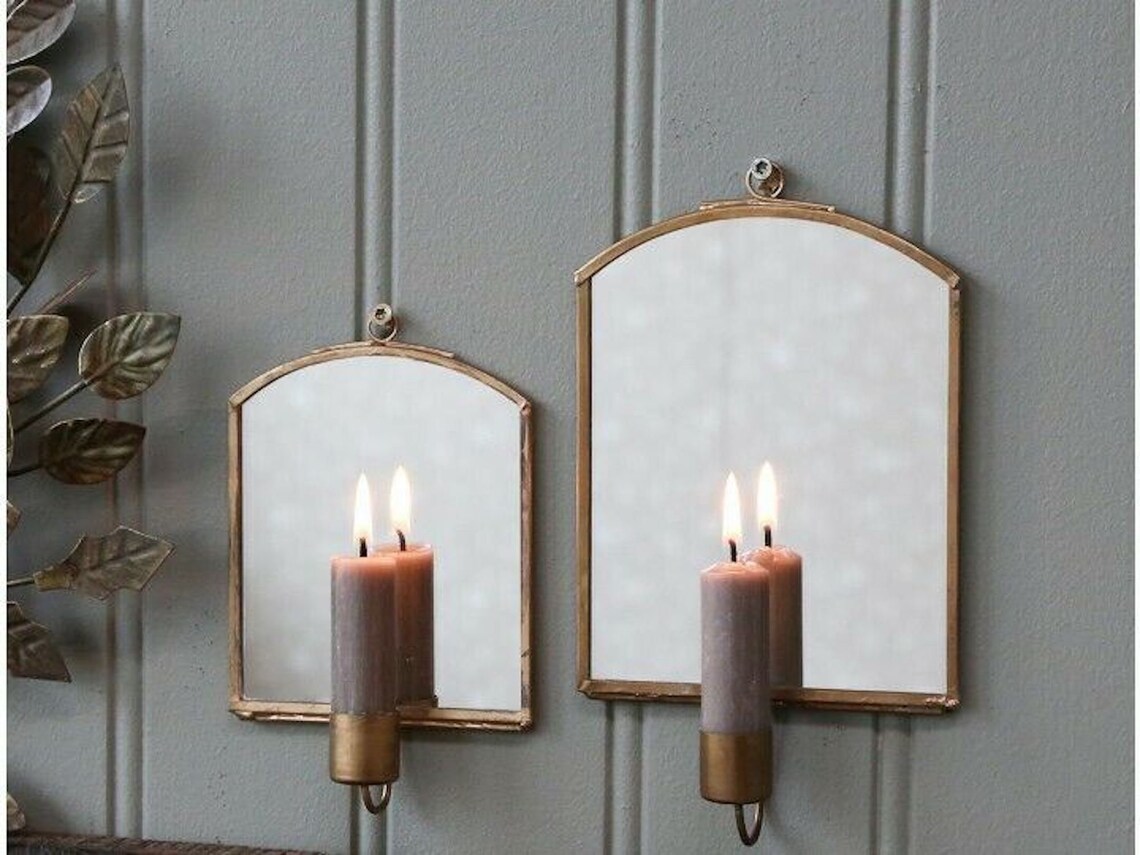 Antique Brass Wall Candle Holder Sconce With Mirror Etsy UK