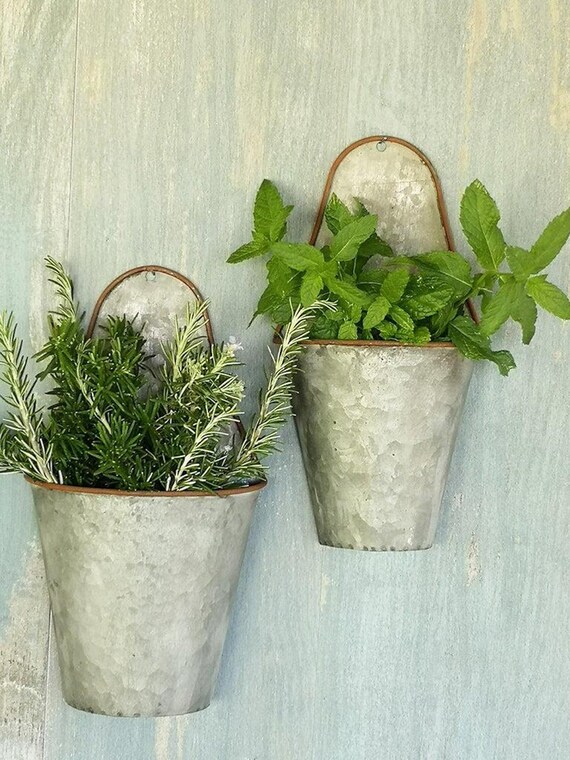 Set of 2 Wall Hung Zinc Plant Pot Holders Grey Rustic Metal Etsy UK
