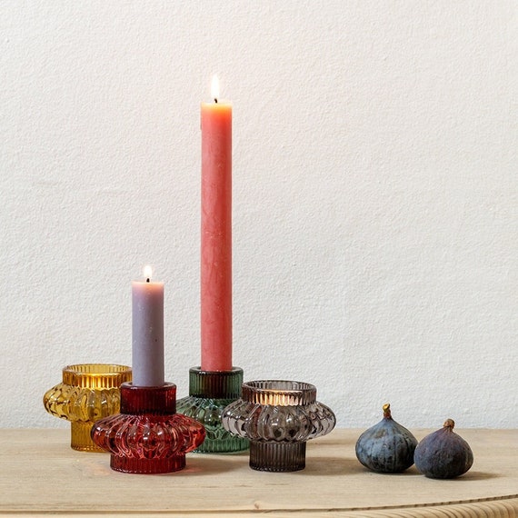 Coloured Glass Candle Holders - Reversible Dinner Candle Stick & Tea Light Holder - Large Duo - Amber, Red, Green, Grey