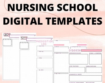 May include: Digital templates for nursing school students. The templates include a lecture page, tutorial page, medication log, condensed study sheet, and a disease template. The templates are designed with a pink and white color scheme.