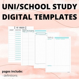 May include: A set of three digital study templates. The first page is a definitions page with columns for concept, understanding, definition, and notes. The second page is a to-study page with columns for key info, context/details, and summary. The third page is a Cornell notes page with columns for notes, cues, and summary. The text "to study" is in a blue box at the top of the first page. The text "TOPIC" is in a blue box at the top of the second page. The text "pages include: definitions, to-study, Cornell, theory/example/formula" is in black text on a pink background. The text "INSTANT DOWNLOAD" is in black text on a pink background. The text "IG: studyvlogloz" is in black text on a pink background.